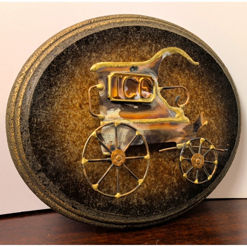 Vintage 3D Car Metal Wall Plaque Oval Wood Backing Brown Black Gold 11x9